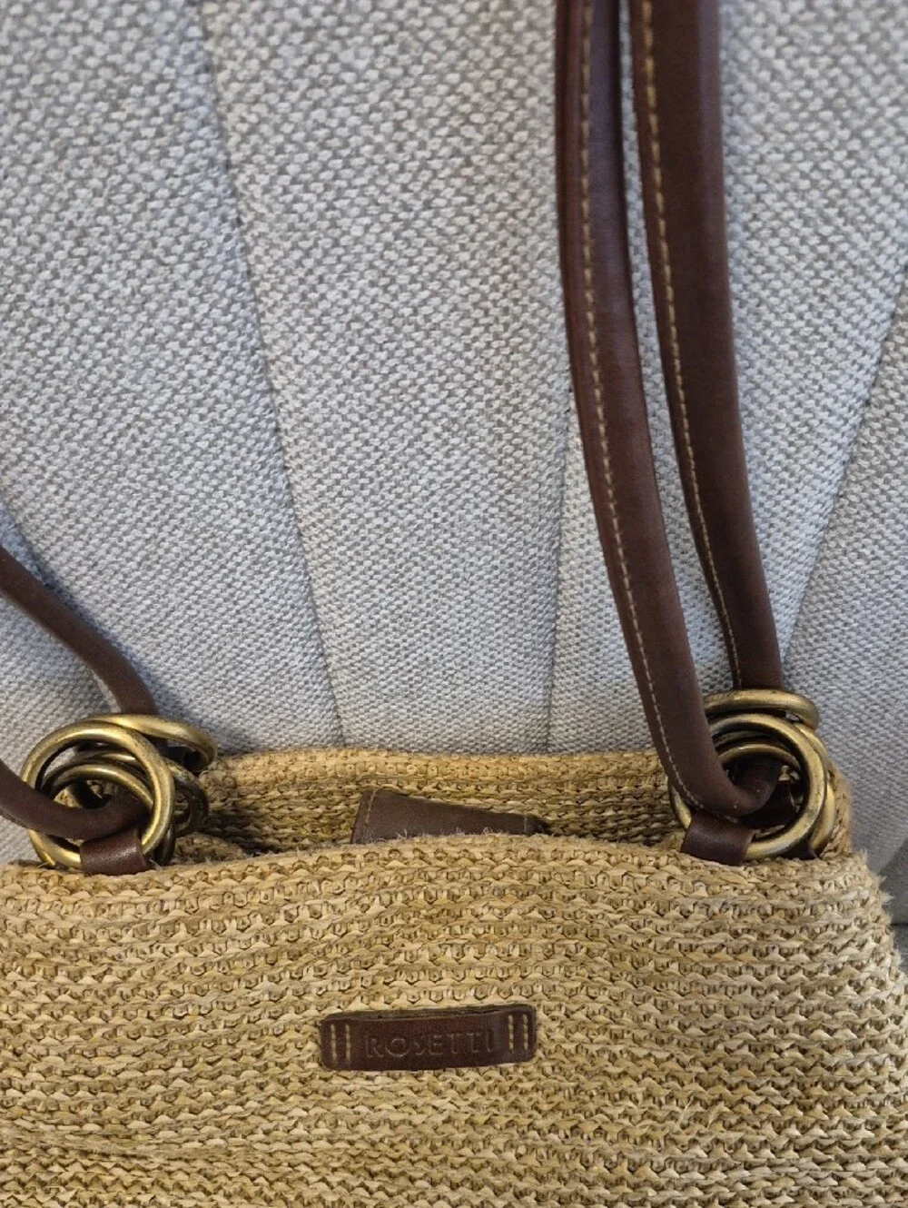 Rosetti Straw Shoulder Bag with Brown Straps and Gold Hardware